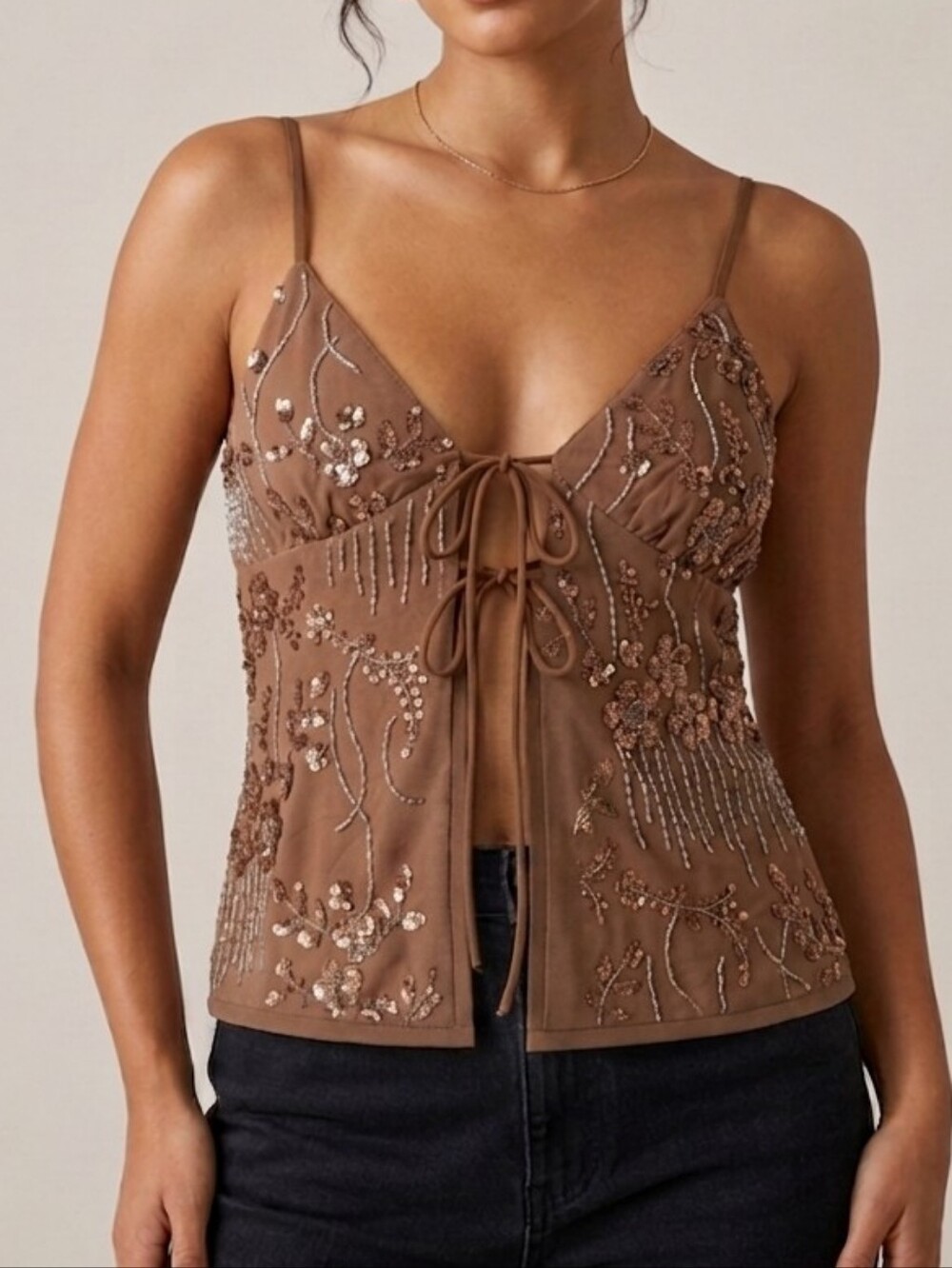 NWT Mocha Sequin & Bead Tie Front Cami  (0101)